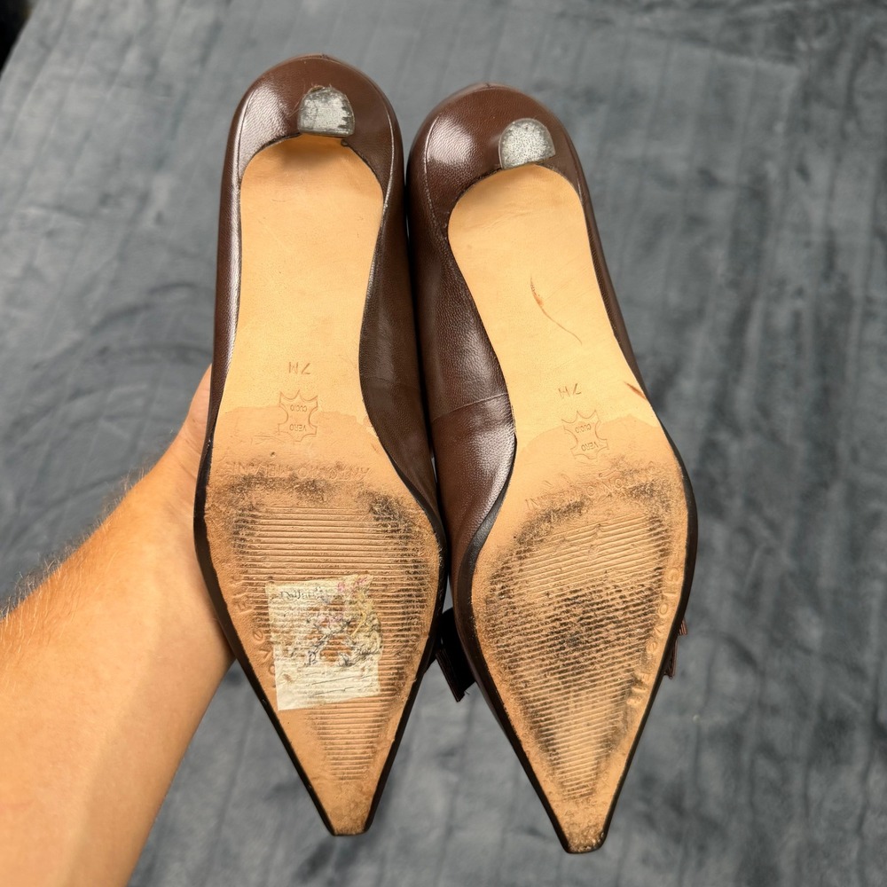 Antonio Melani Pumps Women 7M Brown Leather Pointed Toe Bow Kitten Heel - Picture 7 of 10